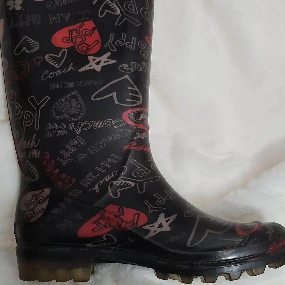 Coach Poppy Graffiti Rain Boots – Size 6 – Black/Red Logo Print